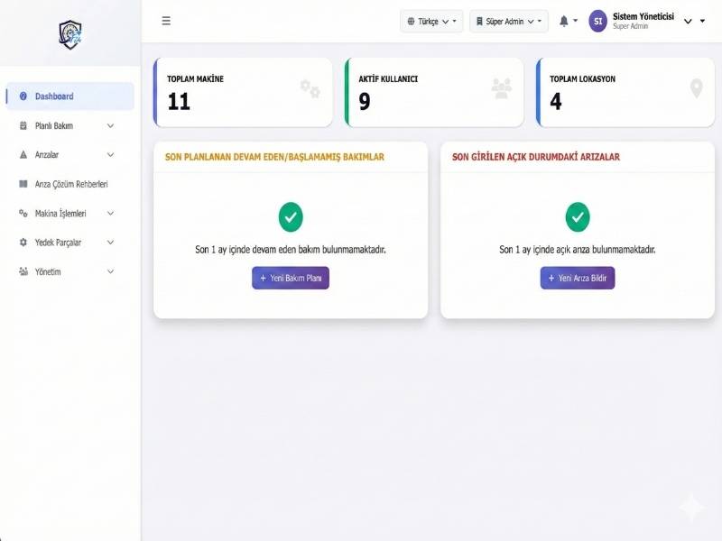CMMS Bakım Yönetim Sistemi Dashboard - Fabrika Bakım Takip Yazılımı Ekran Görüntüsü