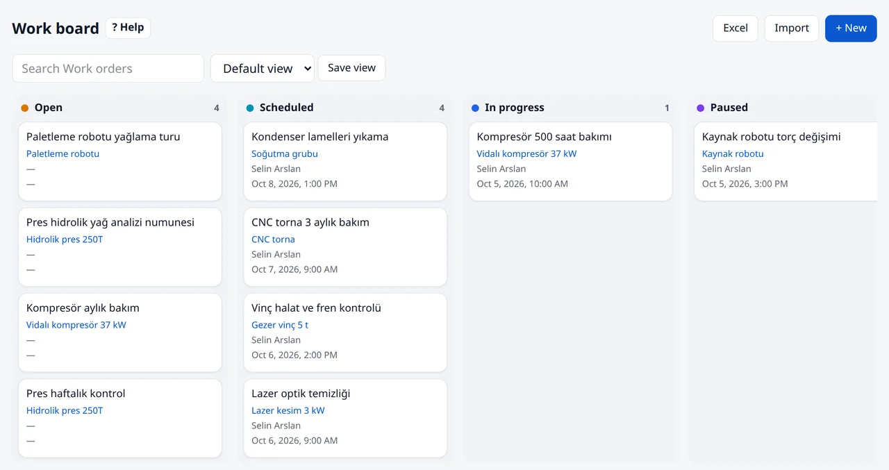 Work board: open, scheduled, in progress, paused