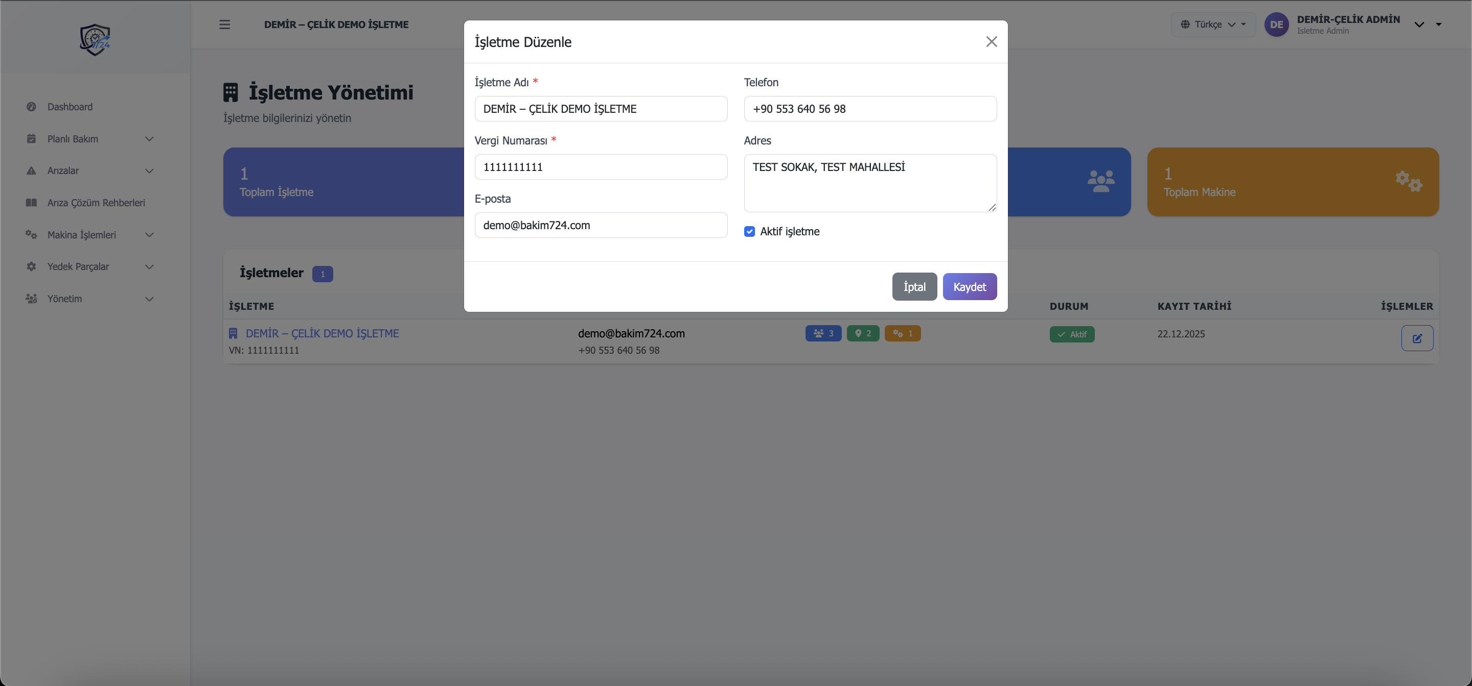 İşletme yönetimi - Detay kartları