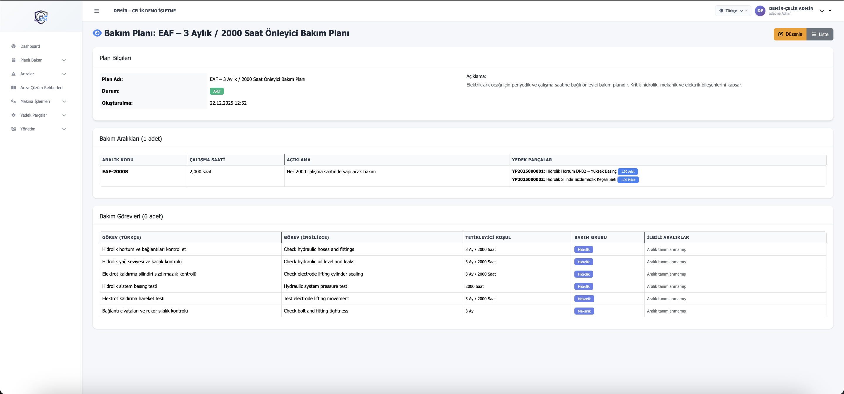 Bakım planı detayı