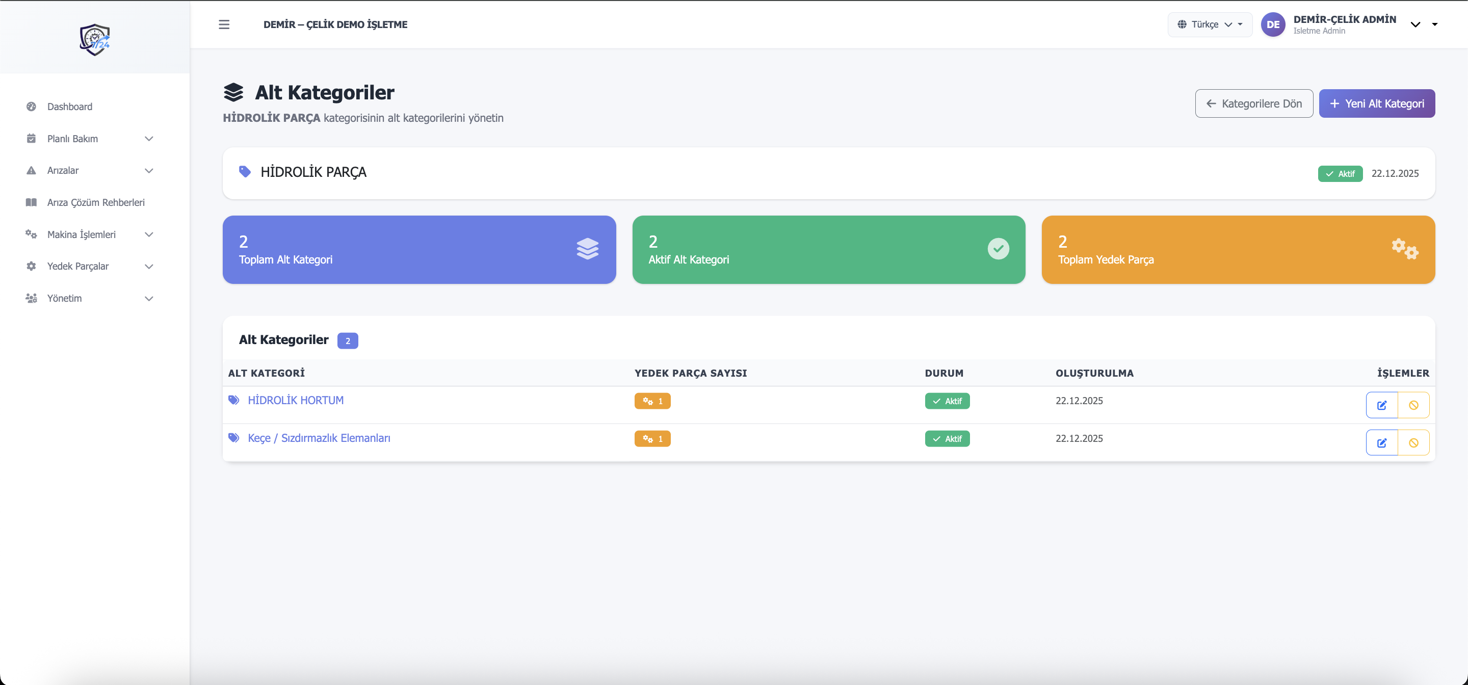 Yedek parça kategori detayları